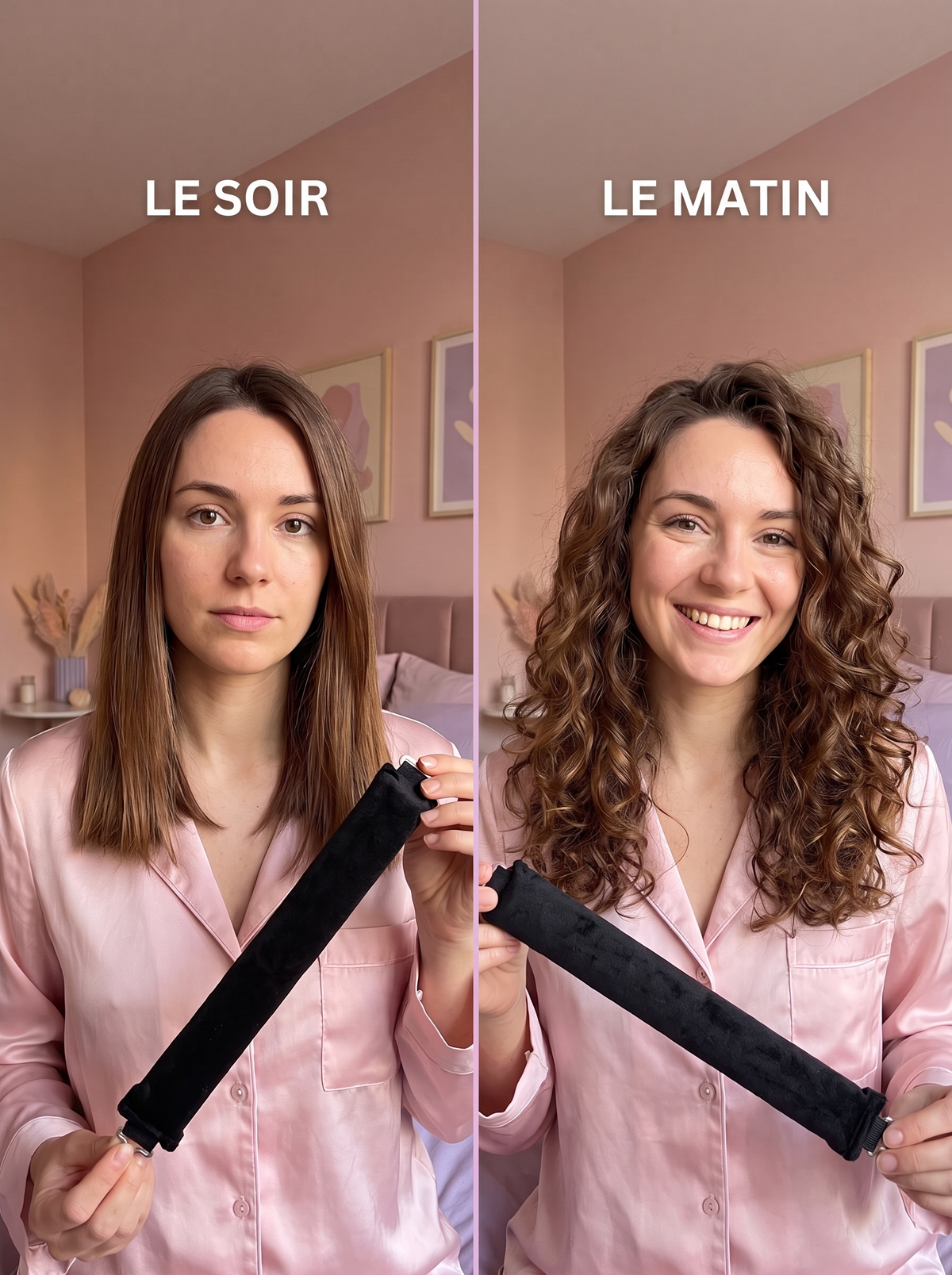 Avant / après : cheveux lisses le soir, boucles le matin avec le bigoudi sans chaleur